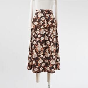 Vintage 90s Brown Floral A-line Button Front Midi Skirt size S M
